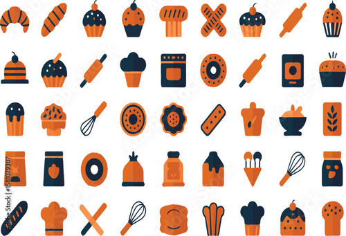 Flat vector illustration of baking and bakery ingredients and items in an orange and dark blue color palette