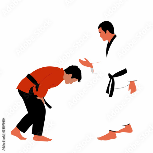 Two judo athletes bowing to each other on white background
