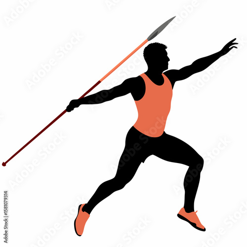 Male athlete throwing javelin in dynamic pose with orange shirt  