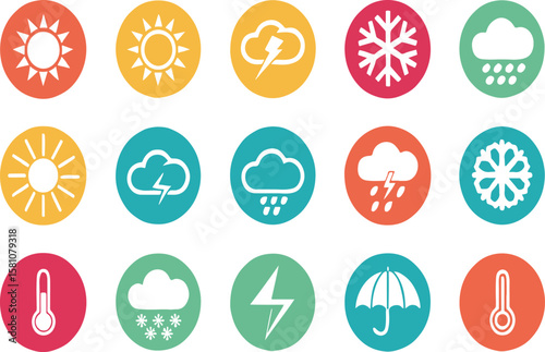 Colorful weather icons representing various conditions including sun rain snow and temperature.