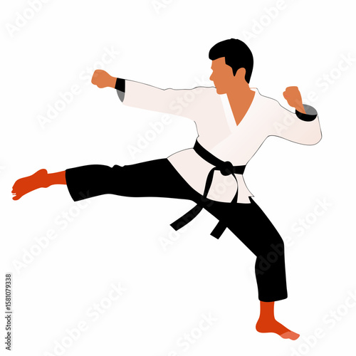 Male karate fighter striking midair in traditional uniform with focus  