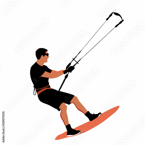 Male kiteboarder jumping while holding a kite in the air - Concept of Athletes  
