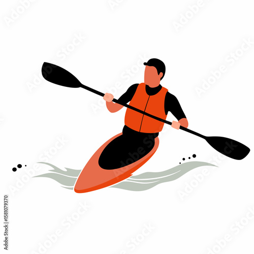 Man paddling in kayak on water in a vibrant orange life vest  