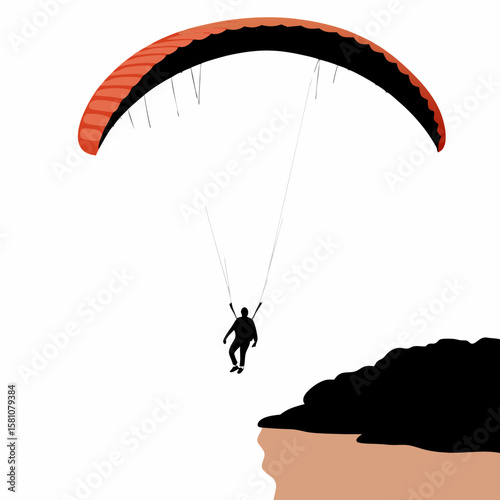 Paraglider flying above cliff with orange wing on white background  
