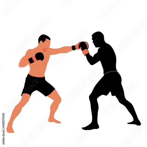 Two MMA fighters engaged in a punch during a match  