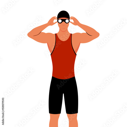 Male swimmer adjusting goggles before competition in training outfit  