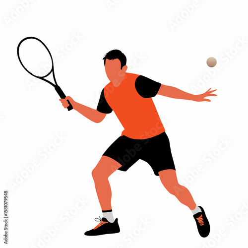 Male athlete hitting a forehand tennis shot in orange sportswear  