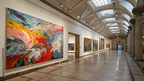 Abstract art adorns the elegant gallery hallway  showcasing vibrant colors and captivating compositions under a vaulted ceiling.