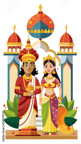 Illustrative depiction of an indian king and queen in traditional attire with ornate architecture