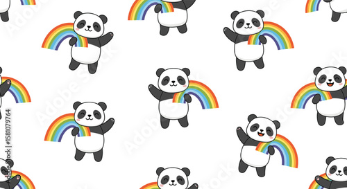 Cute Cartoon Pandas Holding Rainbows Pattern Design for Kids Joyful Animals and Bright Colors Fun