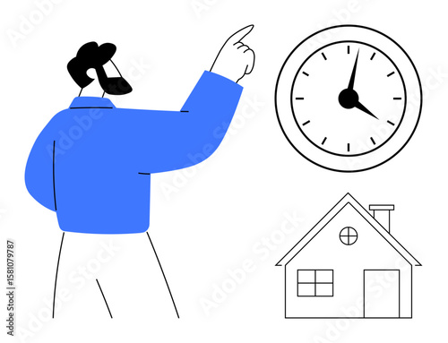 Bearded man in blue pointing at clock with house nearby. Ideal for time management, real estate, home planning, work-life balance, time tracking, punctuality, simple flat metaphor