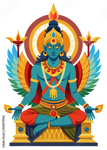 Serene blue deity with wings and ornate headdress meditating on a golden throne