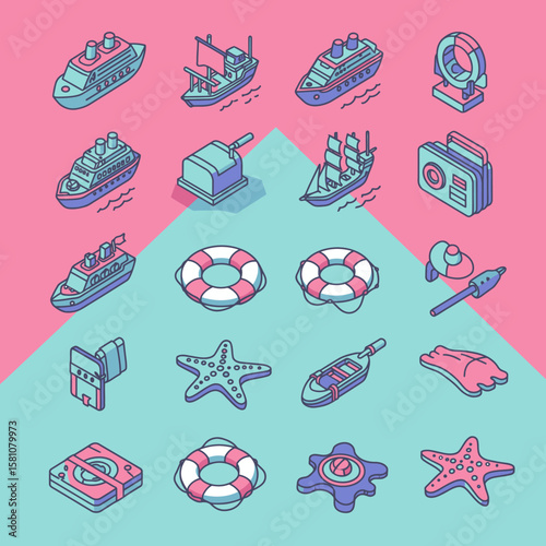 Isometric Nautical Icons Cruise Ships Starfish and Sea Life