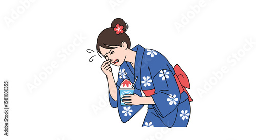 Young woman in a blue yukata with white flowers eating a refreshing shaved ice dessert on a hot summer day.