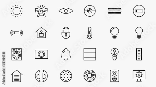 Smart Home Devices Line Icon Set – Thermostat, Door Lock, Light Bulb, Camera, Speaker, and Automation Controls Vector Symbols in Modern Linear Style