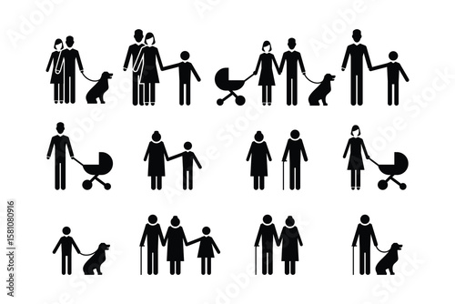 Collection of simple black pictogram icons representing families with children, pets, and strollers, isolated on white background