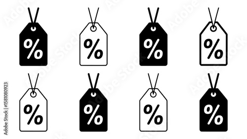 Vector art of a set of black and white price tags with percentage signs isolated on white background for sales and discounts
