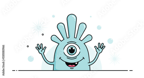 Adorable Blue Monster with One Eye and Tentacles Waving Happily