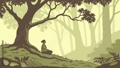 Woman meditation under tree in nature forest landscape illustration for mindfulness and relaxation art