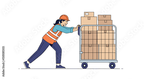 Warehouse worker pushing a cart loaded with boxes and packages for distribution