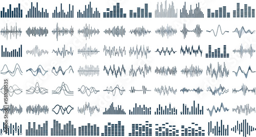 Audio spectrum frequency waveforms and equalizer graphics set design