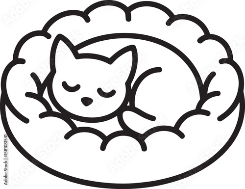 Black outline of a sleeping cat in a fluffy bed curled