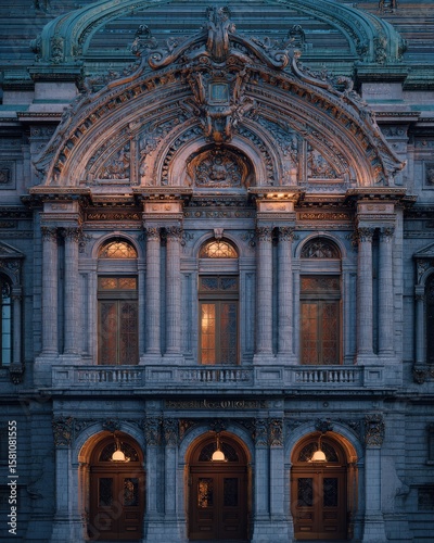 Grand building entrance at dusk.  Intricate stonework glows softly in the fading light.
