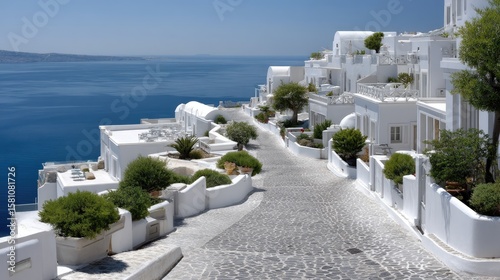 Fototapeta Naklejka Na Ścianę i Meble -  Soft sunlight illuminates the charming streets , showcasing stunning white structures with blue domes and lush greenery