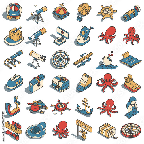 Nautical Adventure Vintage Isometric Vector Illustration Collection