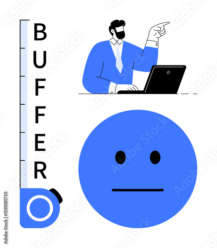 Person working on laptop, pointing at screen, shown alongside buffering scale and neutral face icon. Ideal for performance review, user experience, feedback, evaluation, decision-making, analysis
