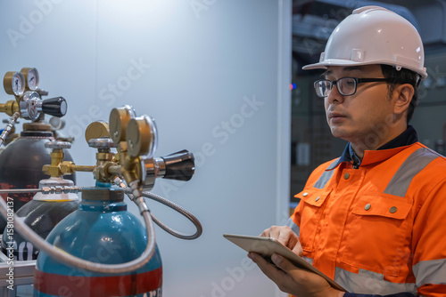 Asian engineer working at Operating hall,Thailand people wear helmet  work,He worked with diligence and patience,she checked the valve regulator at the hydrogen tank.