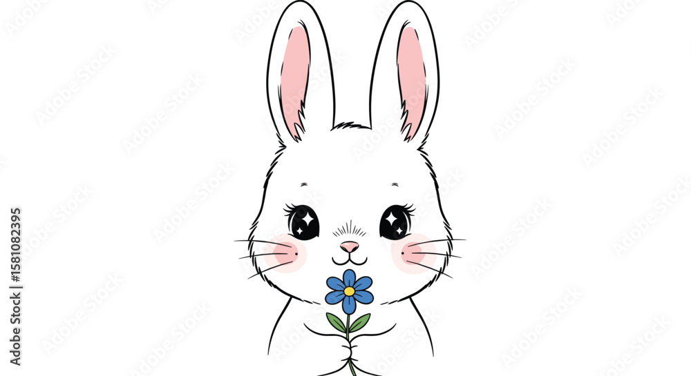Fototapeta premium Adorable White Bunny Holding a Blue Flower with Blush Cheeks and Big Eyes