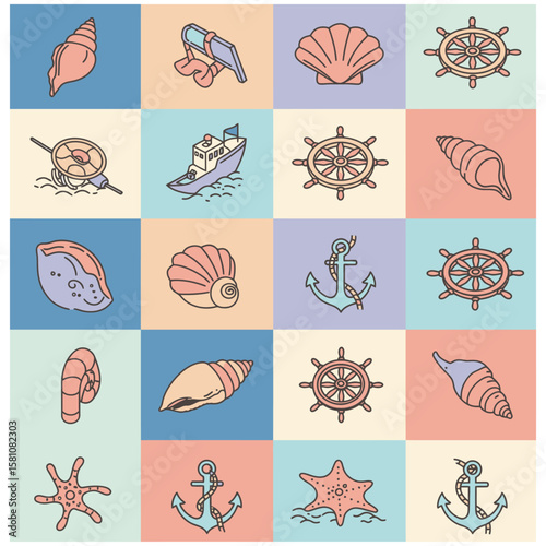 Nautical Icons Seashells Anchors and Steering Wheels Vector Set