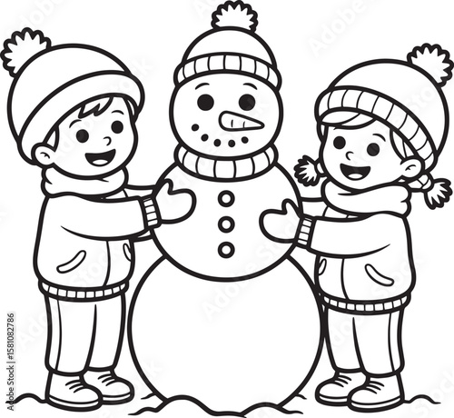 Children building snowman together girl winter