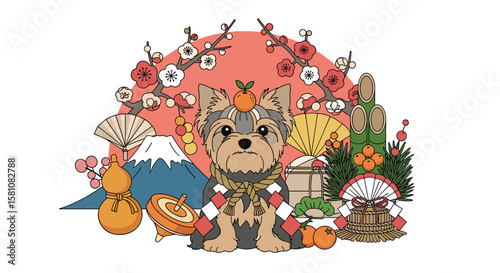Adorable Yorkshire Terrier Celebrates Japanese New Year with Festive Decorations and Lucky Symbols