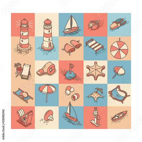 Nautical Summer Vacation Icons Set Beach Lighthouse Boat and More