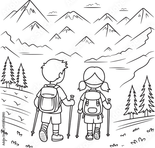 Children hiking in mountains with backpacks and poles girl