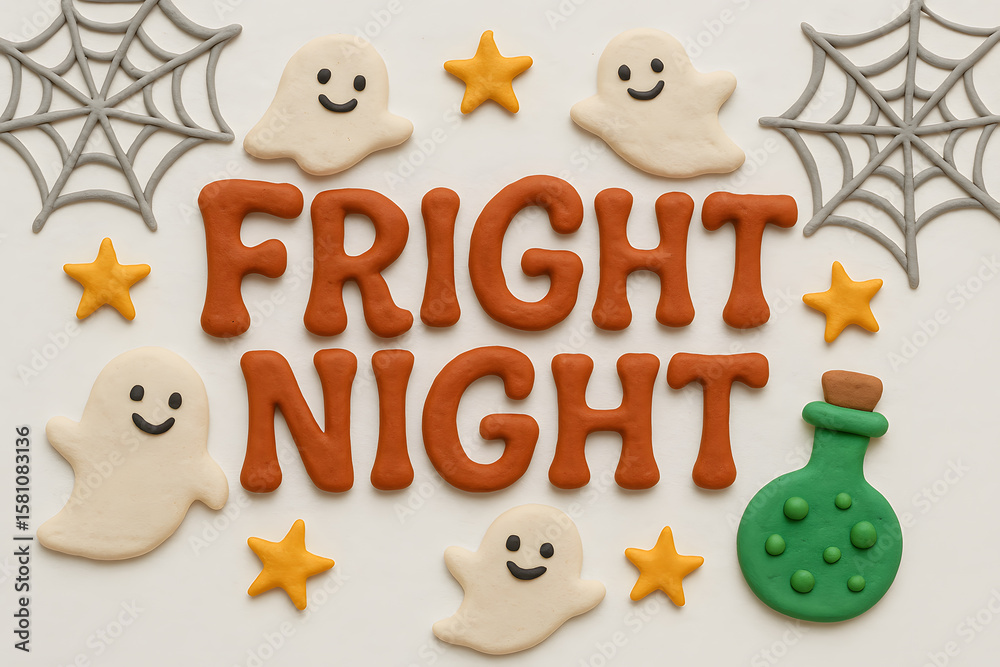 Fototapeta premium Fright Night Text with Ghosts and Stars in Clay Style 