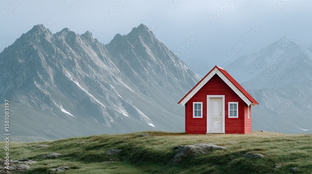 Fototapeta premium Red house stands in isolation against a dramatic Norwegian mountain backdrop under overcast skies, showcasing nature's serene beauty with vivid color tones