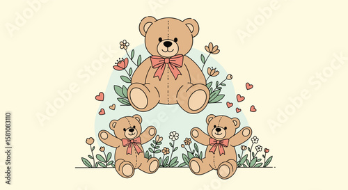 Charming Teddy Bears Adorned With Ribbons Surrounded by Delicate Flowers and Falling Petals in a Whimsical Garden Scene