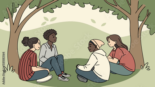 Diverse friends gathering illustration under trees vector art for social interaction and community engagement design