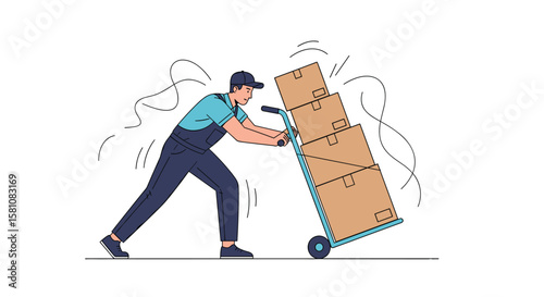 Professional Movers Transporting Stacked Boxes with Hand Truck for Efficient Delivery Services