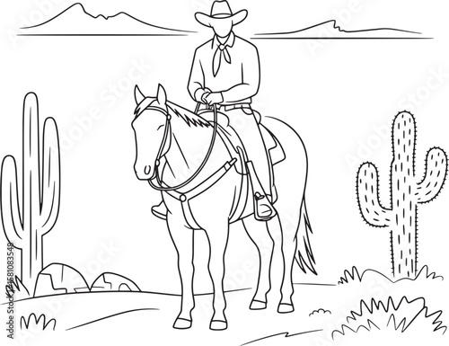 Cowboy riding horse in desert landscape cactus