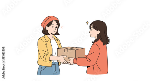 Woman handing a package to another woman with care and attentiveness