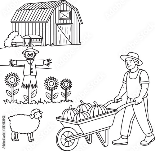 Farmer pushing wheelbarrow with pumpkins near barn scarecrow and sheep vector