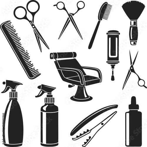 Collection of twelve classic barber tools in a clean black filled style