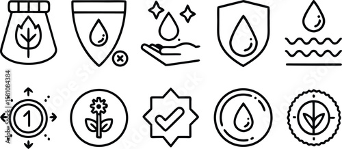 Set of black and white vector plant icons with silhouettes and symbols for web and design use