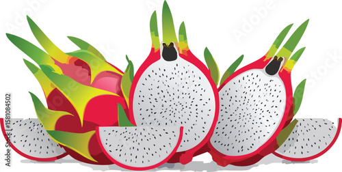 a few dragon fruit pieces cut isolated in transparent background, cutout png.advertisement, clip, row, transparent, cut-out, juicy, part, air, dragon, element, freshness, isolated, piece, raw, set, 