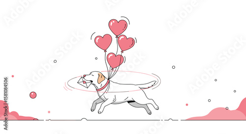 Charming Dog Carries a Sky of Hearts in Whimsical Flight Animation