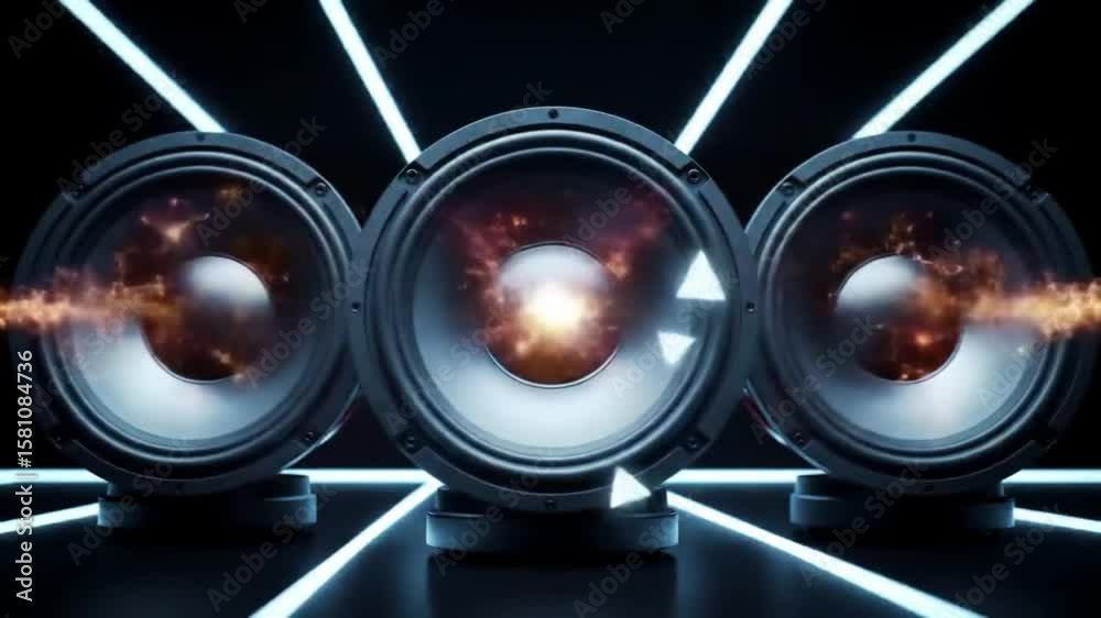Dynamic Speakers: A vibrant and powerful graphic featuring three professional-grade speakers, glowing with neon accents, designed to bring energy and visual impact to any sound-related project.